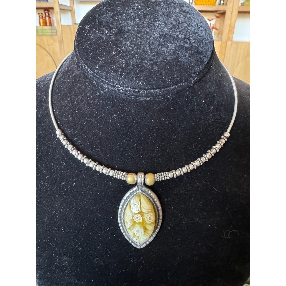 Vintage Floral Millefiori Pendant Necklace Silver Tone Beaded Choker Unique